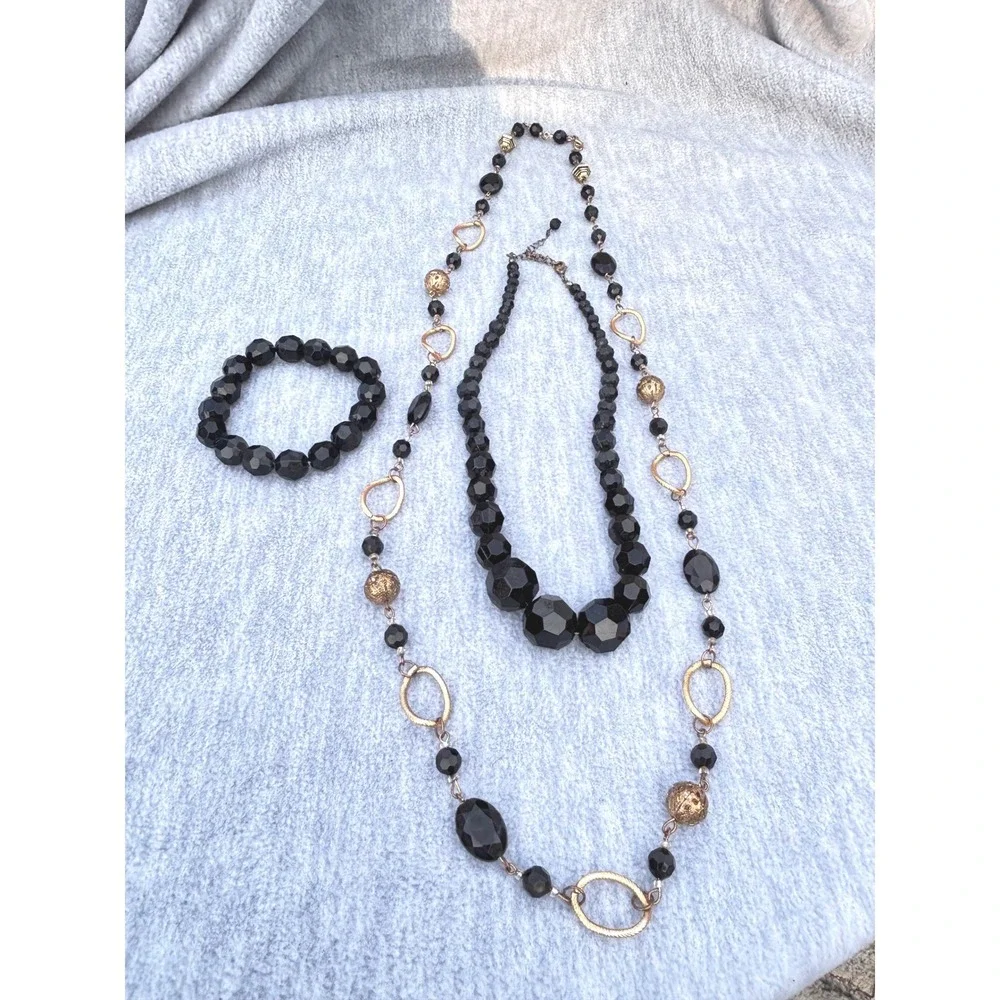 Dark Academia Beaded Jewelry Black Gold Tone‎ Acrylic Metal Necklaces Faceted